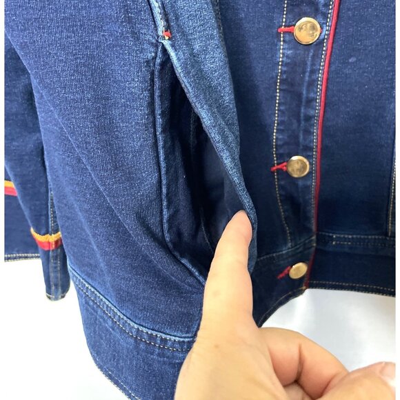 Chico's Zenergy Denim Military Jacket Size 2 = L Stretch Soft Jean Embroidered - Picture 5 of 7